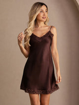 [Brun] SilkSilky-NO Spaghetti Strap V Neck Nattkjole 006