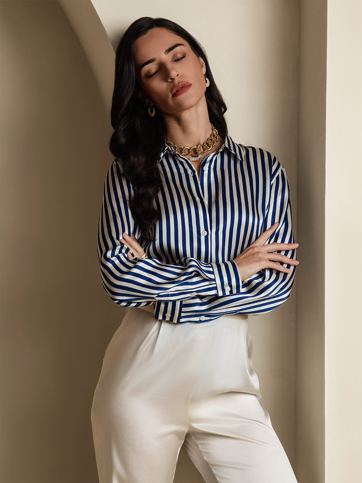 [Blå] SilkSilky-NO Silke Long Sleeve Collar Skjorte for Kvinner 001