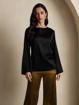 [Svart] SilkSilky-NO Long Sleeve Boat Neck Bluse 003