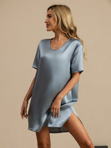 [Gråblå] SilkSilky-NO Half Sleeve V Neck Nattkjole 005