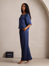 [Mørke blå] SilkSilky-NO Halv erme Round Neck Pyjamas for Kvinner 004