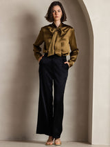 [Brun] SilkSilky-NO Long Sleeve Tie Neck Damebluser 003
