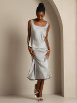 [Griffin Grå] SilkSilky-NO 19Momme Ermeløs Dyp Rund Halsutringning Camisole Topp 007