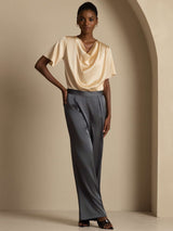 [Champagne] SilkSilky-NO Short Sleeve Cowl Neck Damebluser 008