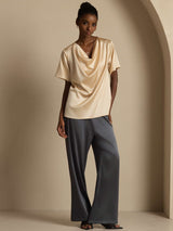 [Champagne] SilkSilky-NO Short Sleeve Cowl Neck Damebluser 006