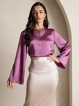 [Mørklilla] SilkSilky-NO Long Sleeve Boat Neck Bluse 001