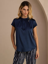 [Mørke blå] SilkSilky-NO Short Sleeve Blouse 003