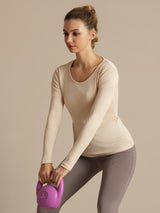 [Beige] SilkSilky-NO Langermet Rund Hals T-skjorte for Kvinner 006