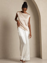 [Beige] SilkSilky-NO Cap Sleeve Round Neck T-skjorte for Kvinner 006