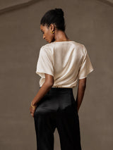 [Beige] SilkSilky-NO Short Sleeve Cowl Neck Damebluser 002