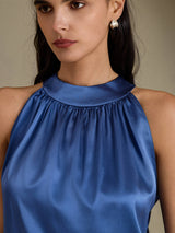 [Ekte Petrol] SilkSilky-NO Sleeveless Halterneck T-skjorte for Kvinner 004