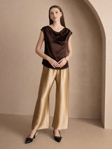 [Mørk Sjokolade] SilkSilky-NO Cap Sleeve Cowl Neck T-skjorte for Kvinner 004