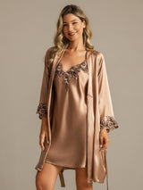 [Brun] SilkSilky-NO 3/4 Sleeve V Neck Nattkjole og Morgenkåpesett 001