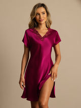 [Vin] SilkSilky-NO Short Sleeve V Neck Nattkjole 003