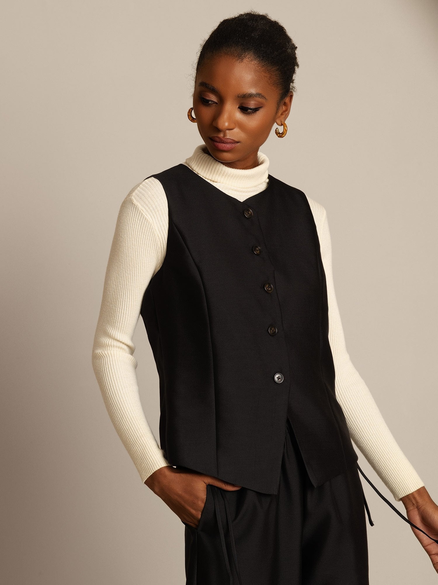 [Svart] SilkSilky-NO 32Momme Silk-Wool Blend Womens Vest 005,