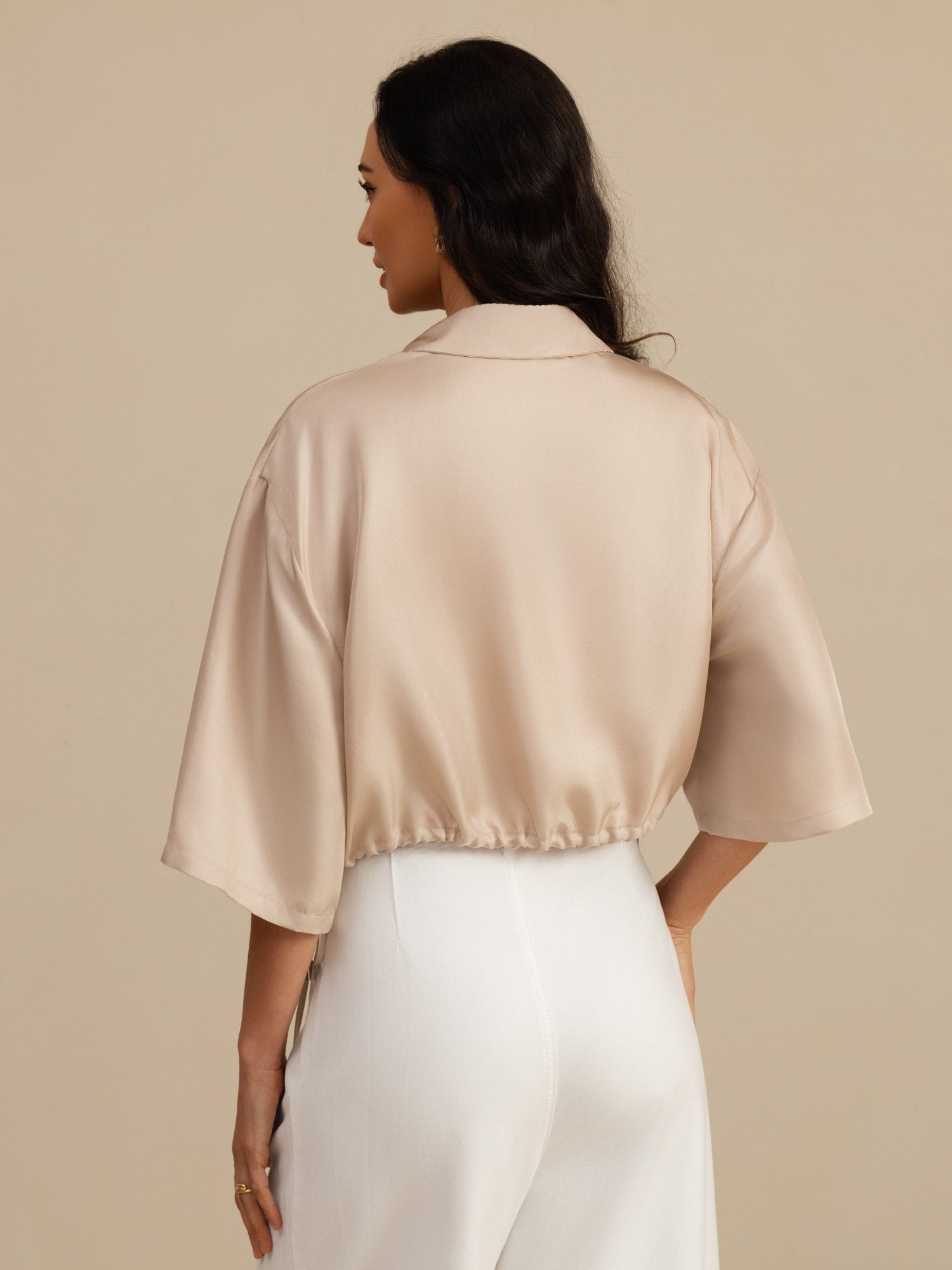 [Tan] SilkSilky-NO 18Momme Halv erme Slagkrage Bluse 002