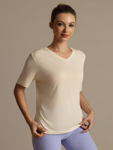 [Beige] SilkSilky-NO Kort erm V Hals T-skjorte for Kvinner 003