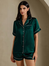 [Mørk Grønn] SilkSilky-NO Short Sleeve Lapel Collar Pyjamas for Kvinner 001