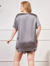 [Grågrønn] SilkSilky-NO Pure Silk Short Sleeve Round Neck Plus Size Pajamas 002