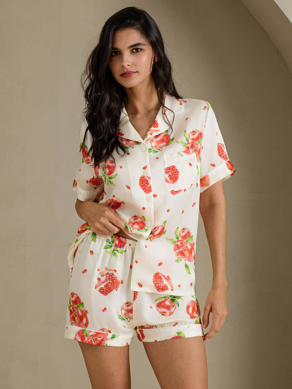 [Hvitt Granateple] SilkSilky-NO Short Sleeve Notch Collar Pyjamas for Kvinner 001