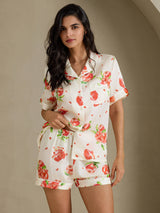 [Hvitt Granateple] SilkSilky-NO Short Sleeve Notch Collar Pyjamas for Kvinner 001