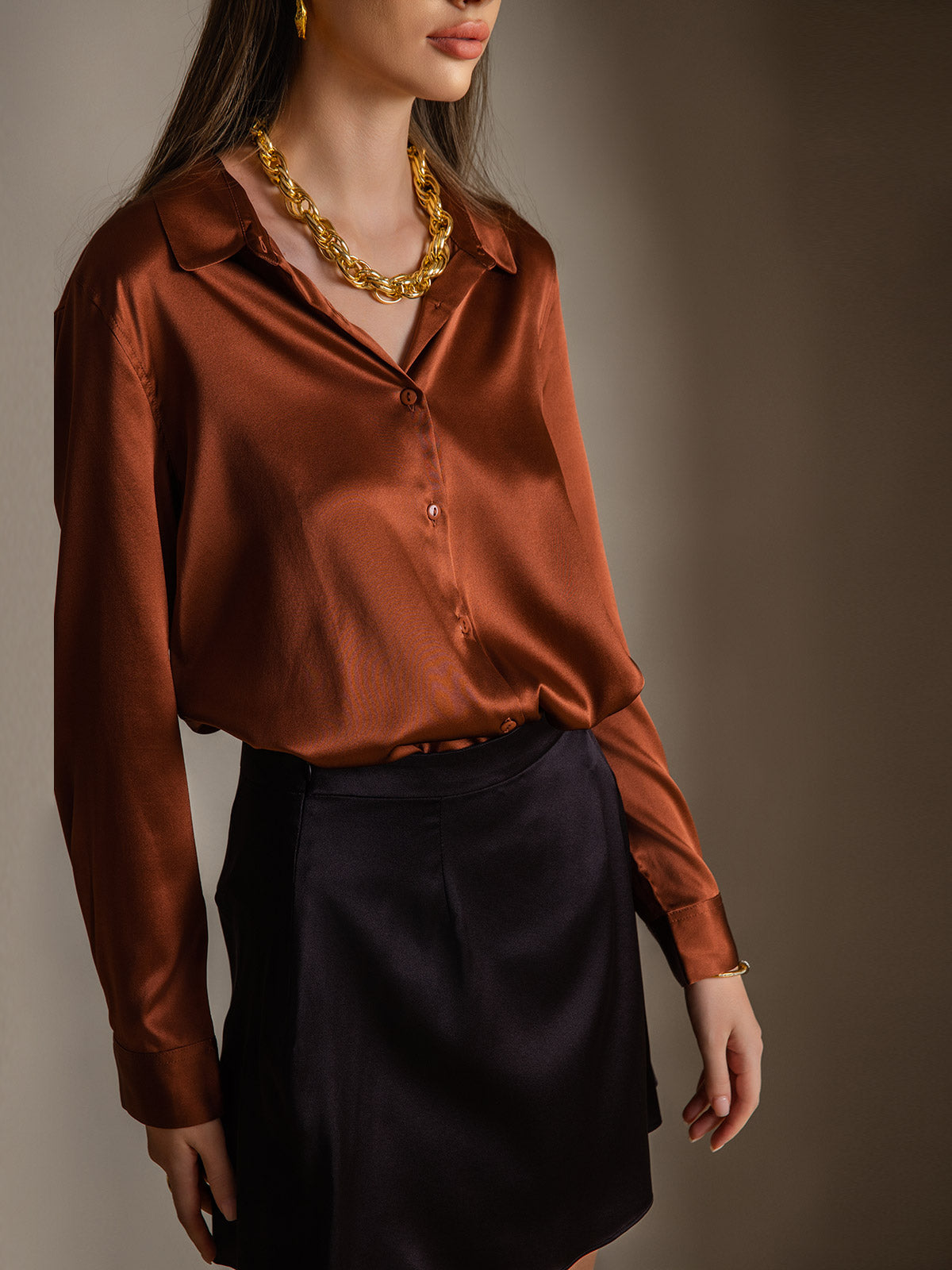[Kaffe] SilkSilky-NO Silke Long Sleeve Collar Skjorte for Kvinner 001