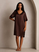 [Brun] SilkSilky-NO Half Sleeve V Neck Nattkjole 008