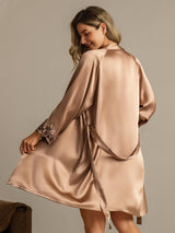 [Brun] SilkSilky-NO 3/4 Sleeve V Neck Nattkjole og Morgenkåpesett 002