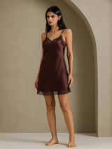 [Brun] SilkSilky-NO Spaghetti Strap V Neck Nattkjole 006