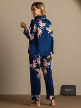 [Mørke blå] SilkSilky-NO Long Sleeve Lapel Collar Pyjamas for Kvinner 008
