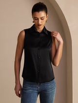 [Svart] SilkSilky-NO Sleeveless Lapel Collar Skjorte for Kvinner 005