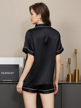 [Svart] SilkSilky-NO Short Sleeve Lapel Collar Pyjamas for Kvinner 002
