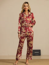[Vinrød Drage] SilkSilky-NO Long Sleeve Lapel Collar Pyjamas for Kvinner 001