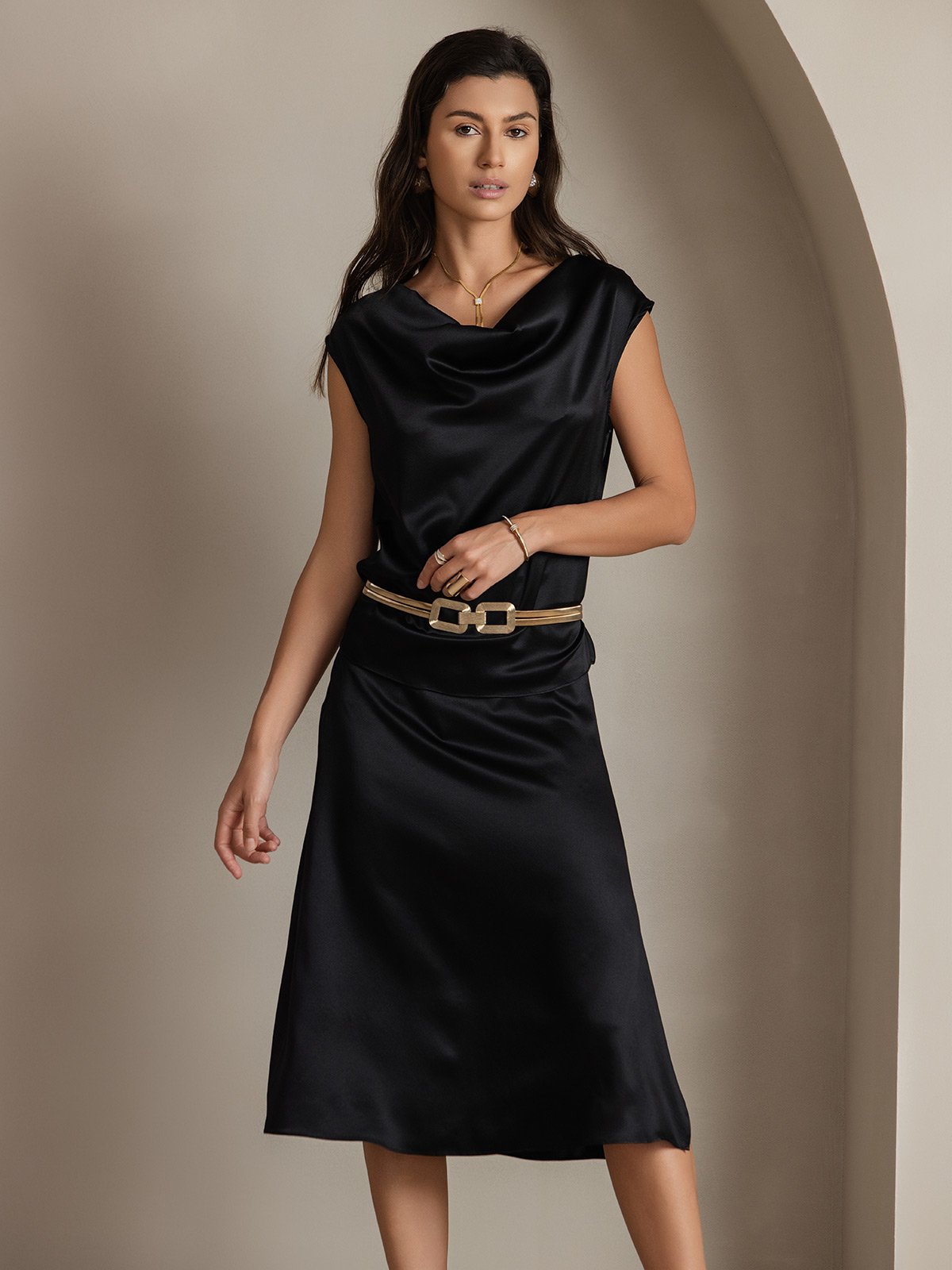 [Svart] SilkSilky-NO 19Momme Silke Cowl Neck T-skjorte for Kvinner 003