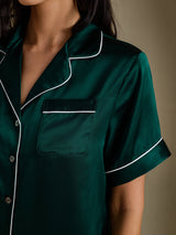 [Mørk Grønn] SilkSilky-NO Short Sleeve Lapel Collar Pyjamas for Kvinner 004