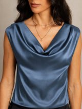 [Ekte Petrol] SilkSilky-NO Cap Sleeve Cowl Neck T-skjorte for Kvinner 004