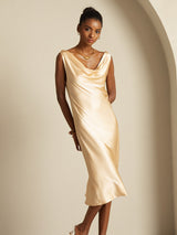 [Champagne] SilkSilky-NO Sleeveless Cowl Neck Kjole 007