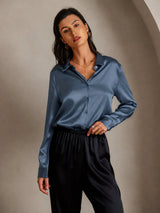 [Ekte Petrol] SilkSilky-NO Long Sleeve Lapel Collar Skjorte for Kvinner 001