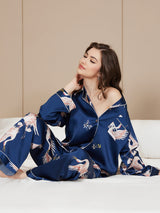 [Mørke blå] SilkSilky-NO Long Sleeve Lapel Collar Pyjamas for Kvinner 001