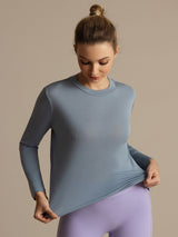 [Gråblå] SilkSilky-NO 100% High-Twist Silk Jersey Long Sleeve Crew Neck T-skjorte for Kvinner 005