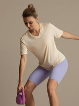 [Beige] SilkSilky-NO Kort erm V Hals T-skjorte for Kvinner 004
