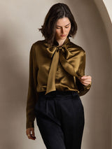 [Brun] SilkSilky-NO Long Sleeve Tie Neck Damebluser 004