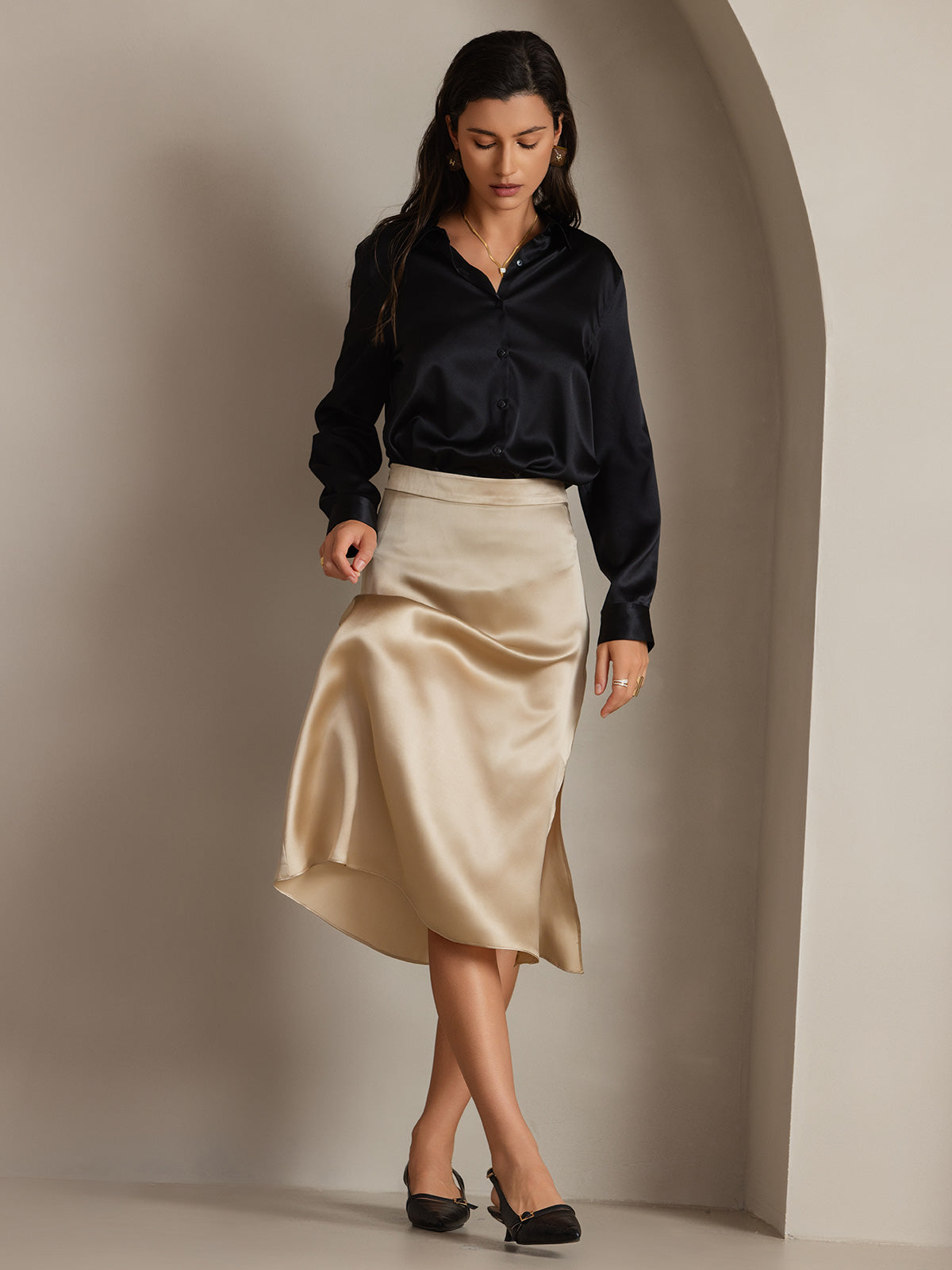 [Svart] SilkSilky-NO Skjorte for Kvinner 005