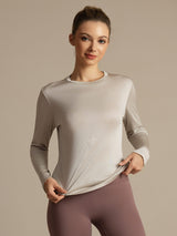 [Grå] SilkSilky-NO Langermet Tett Crew Neck T-skjorte for Kvinner 005