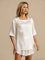 [Hvit] SilkSilky-NO Short Sleeve Round Neck Pyjamas for Kvinner 004