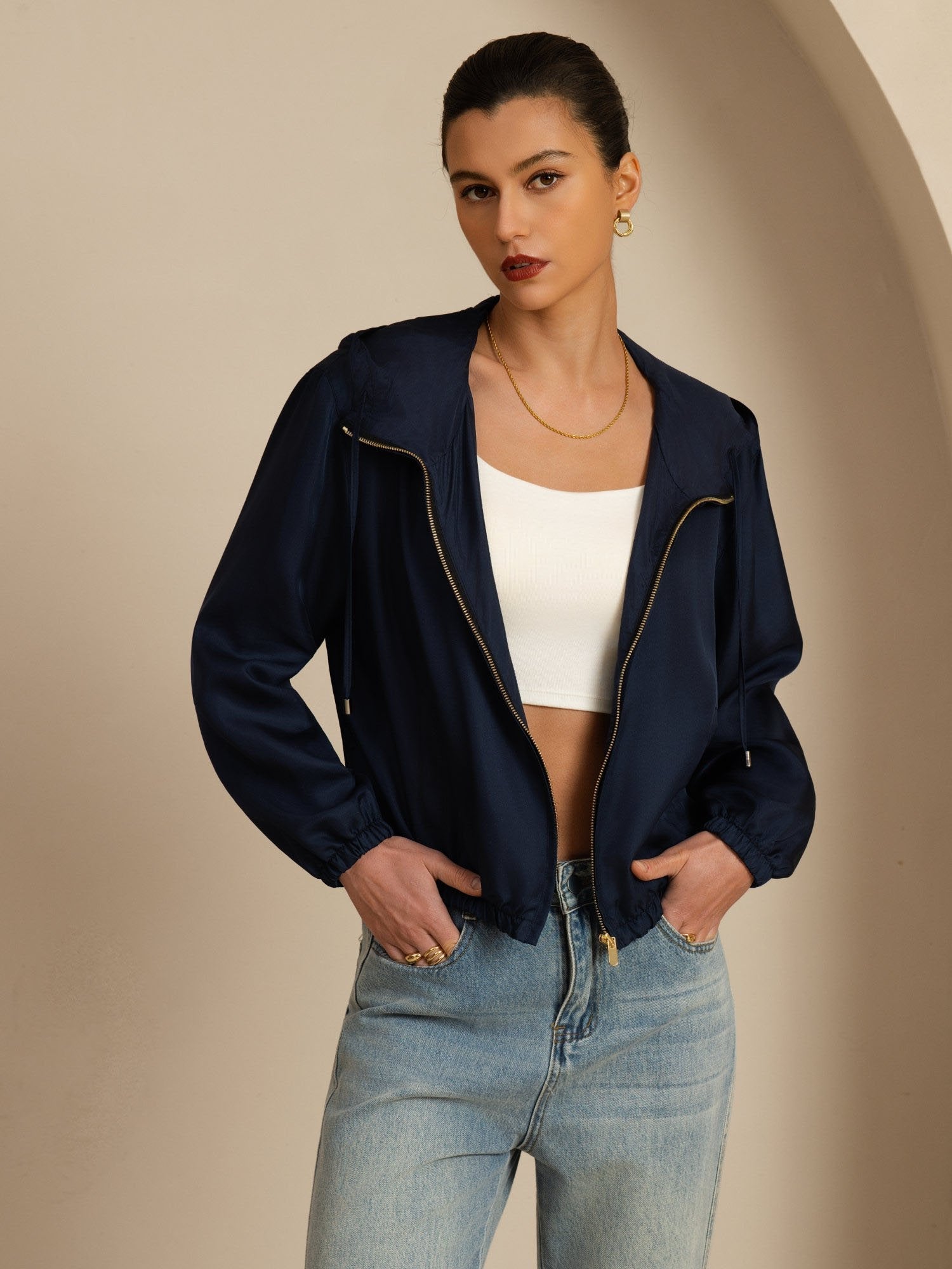 [Mørkeblå] SilkSilky-NO 18Momme Langermet Ståkrave Yttertøy for Kvinner 003