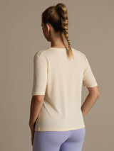 [Beige] SilkSilky-NO Kort erm V Hals T-skjorte for Kvinner 002