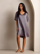 [Lilla Grå] SilkSilky-NO Half Sleeve V Neck Nattkjole 001