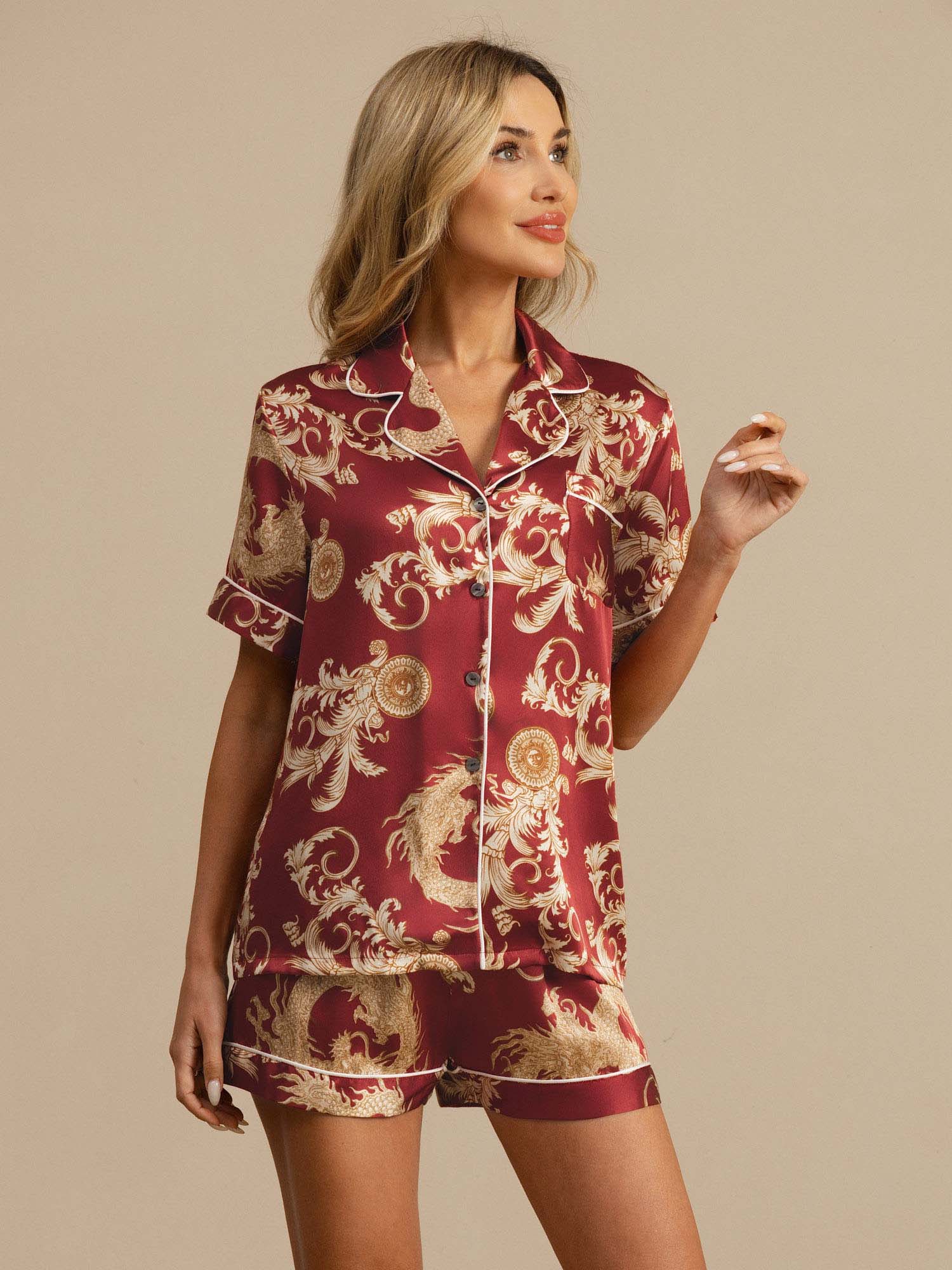 [Vinrød Drage] SilkSilky-NO Kort erm Notchkrage Pyjamas for Kvinner 001