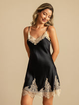 [Svart+Beige] SilkSilky-NO Spaghetti Strap V Neck Nattkjole 007